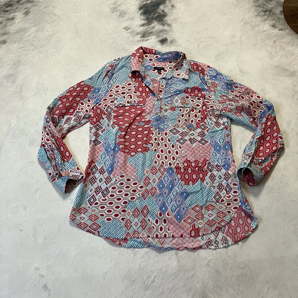 Talbots Womens Size MP Geometric Tunic Top Roll Tab Sleeve Multicolor